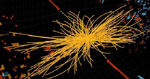 High-energy particle collision generating jets of secondary particles.