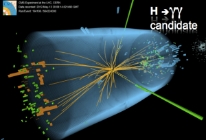 Event display from the CMS detector of a candidate event with a Higgs boson decaying into two light rays. This extremely energetic collision results in many low energy debris as well as two very high energy light rays.